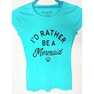 Wound Up I'll Rather Be A Mermaid Blue Women T-Shirts Capped Sleeves Crew Neck